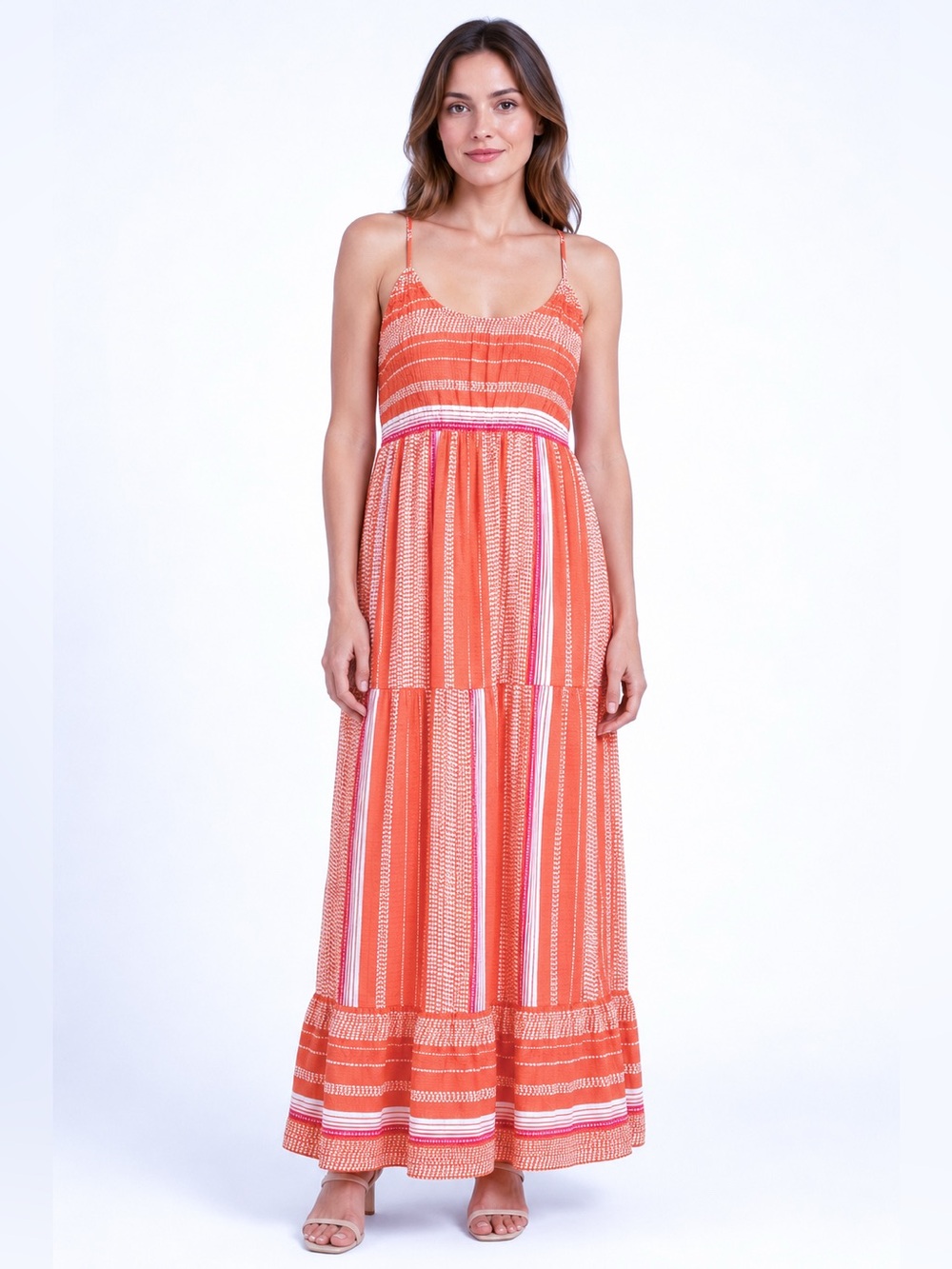 Liverpool LA Tiered Summer Maxi Dress Racerback Cotton Stripe Coral XS NWT